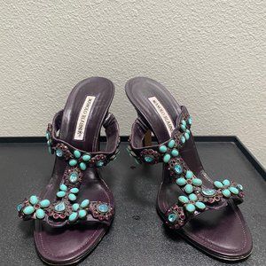 Manolo Blahnik Plum and Turquoise Beaded Sandal